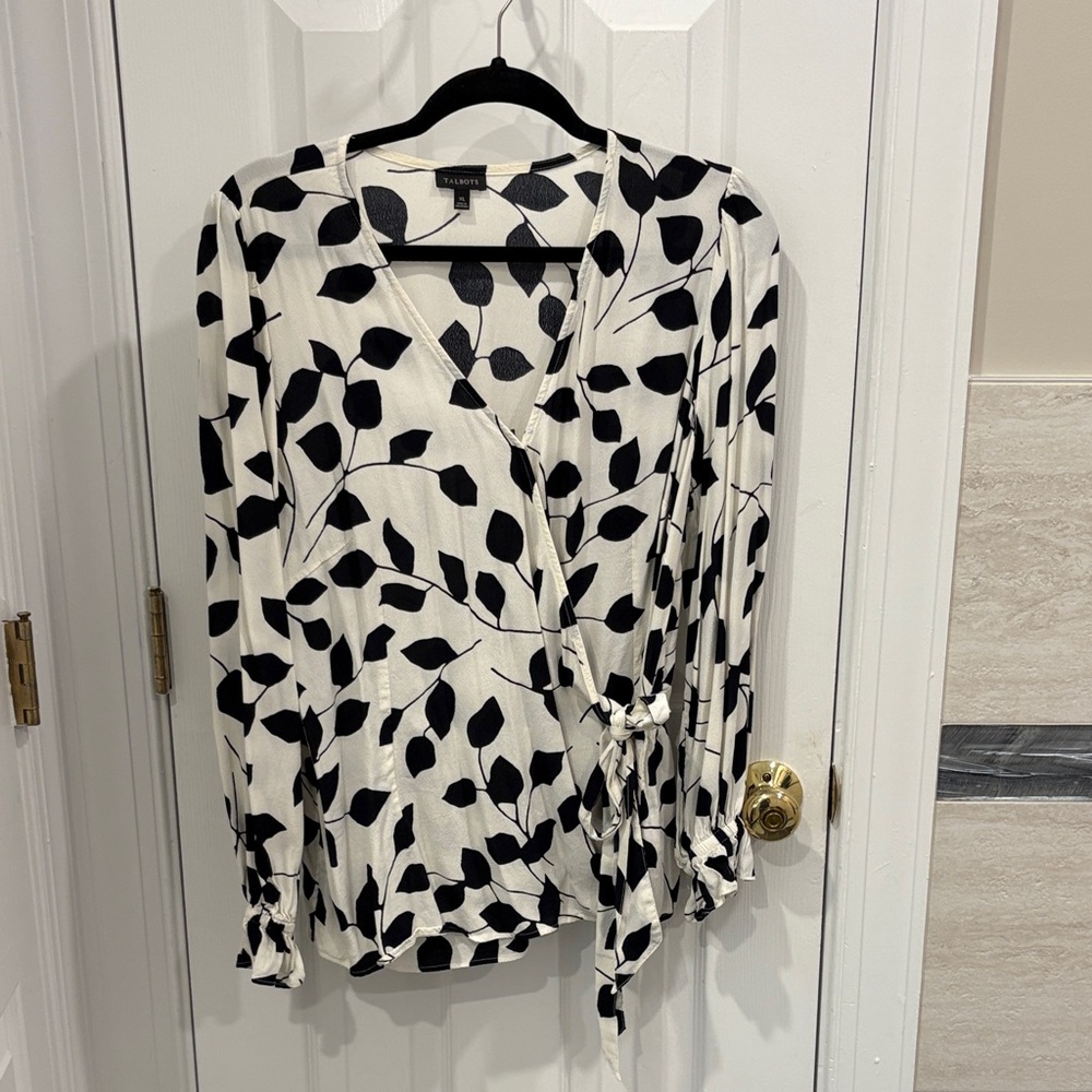 Talbots Black and White Leaf Print Wrap Blouse